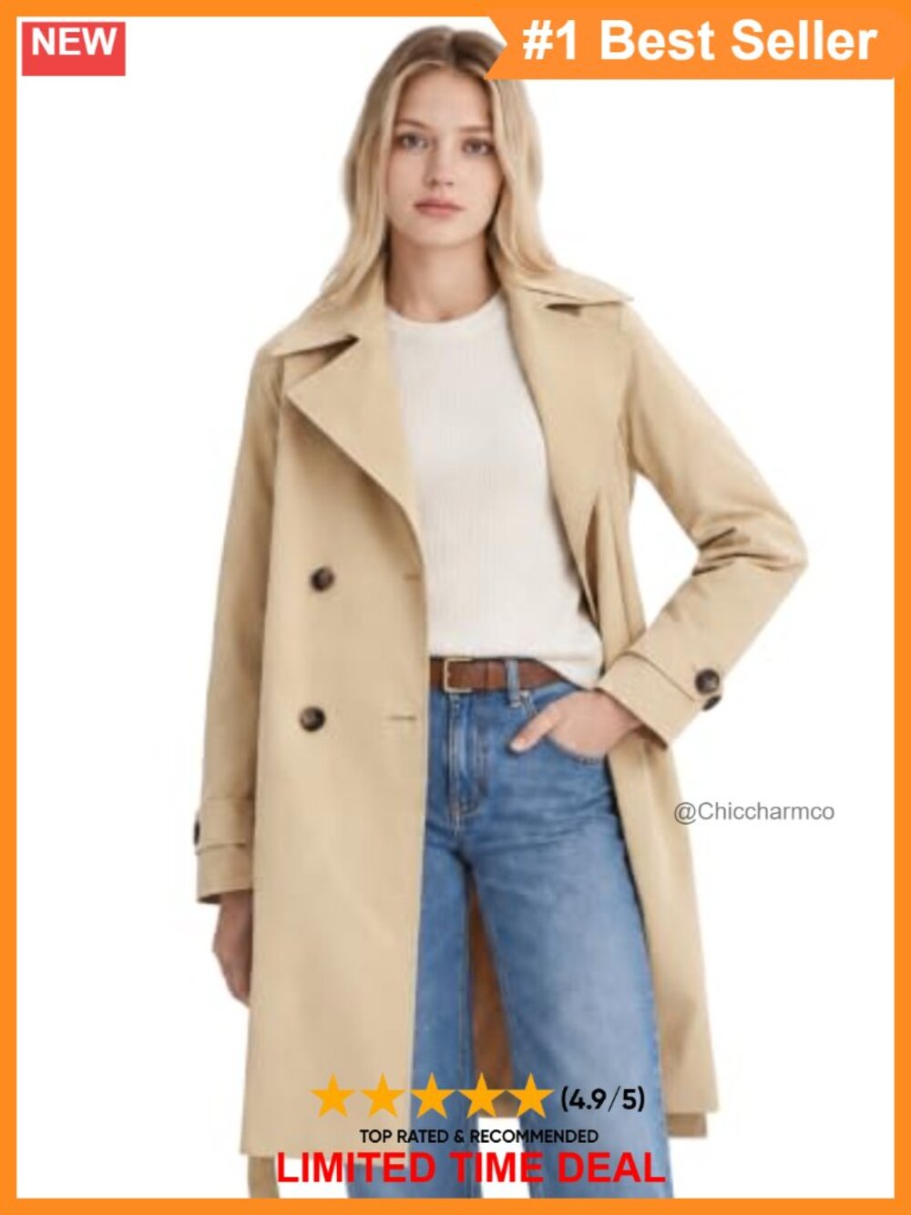 Women's Long Water-Repellent Trench Coat Double Breasted Belted Windbreaker